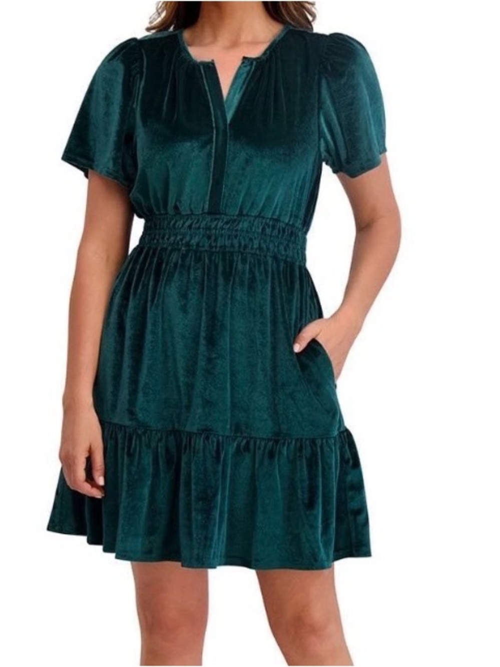 French Connection Emerald Velvet Smocked Waist Mini Dress